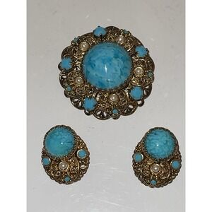 Vintage W. Germany‎ Faux Turquoise Cabochon Filligree Brooch Pin & Clip Earrings